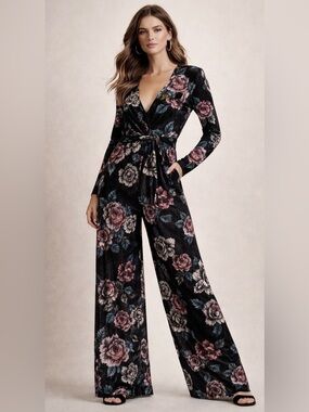 Stylestalker Floral Wide Leg Jumpsuit Tie Waist Stretchy Ribbed Long Sleeved S